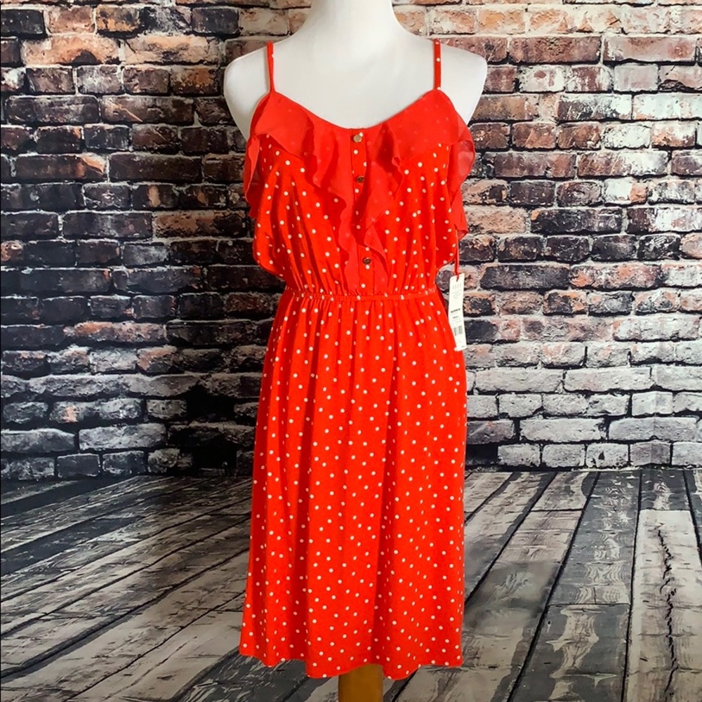 Poppy Red Polkadot Vneck Spaghetti strap Dress